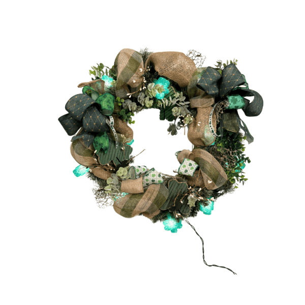 Highland Clover Wreath – 22” Handcrafted St. Patrick’s Day Wreath with Illuminated Shamrocks - Image 2