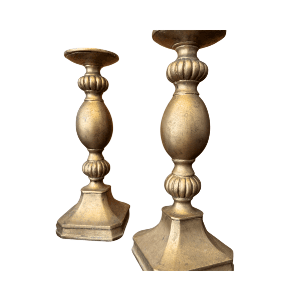 Pair of Distressed Gold Candleholders – 12” Tall, Holds 3” Pillar Candles