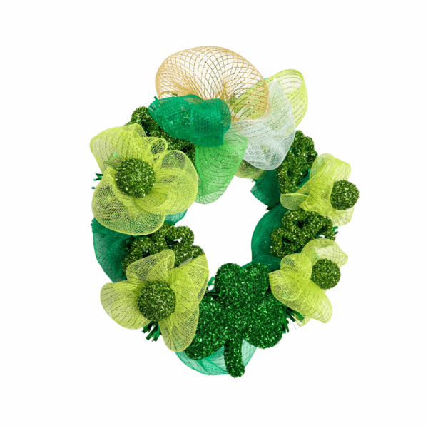 Handcrafted St. Patrick’s Day Wreath – 18” Mesh & Glitter Shamrock Decor